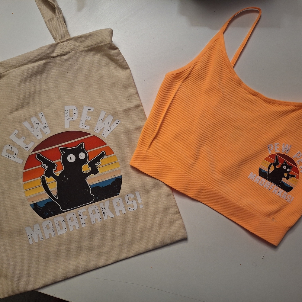 Orange Crop Top and Tote Set with Cat Graphic